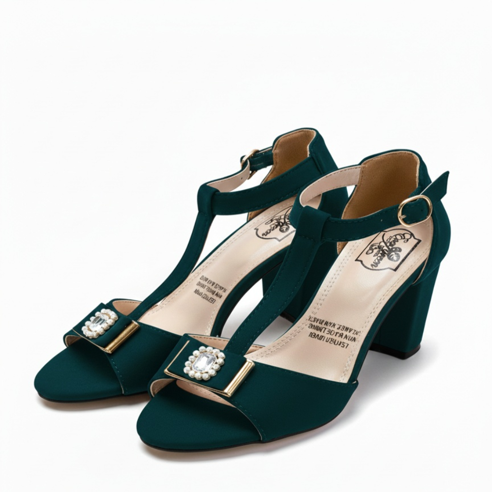 Green T Strap Block Heel Sandals with Decorative Buckle Detai